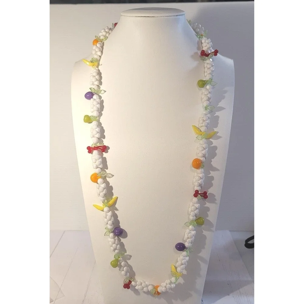 Vintage Fruit Salad Plastic Popcorn Beaded Necklace Apples Cherries Bananas Plum